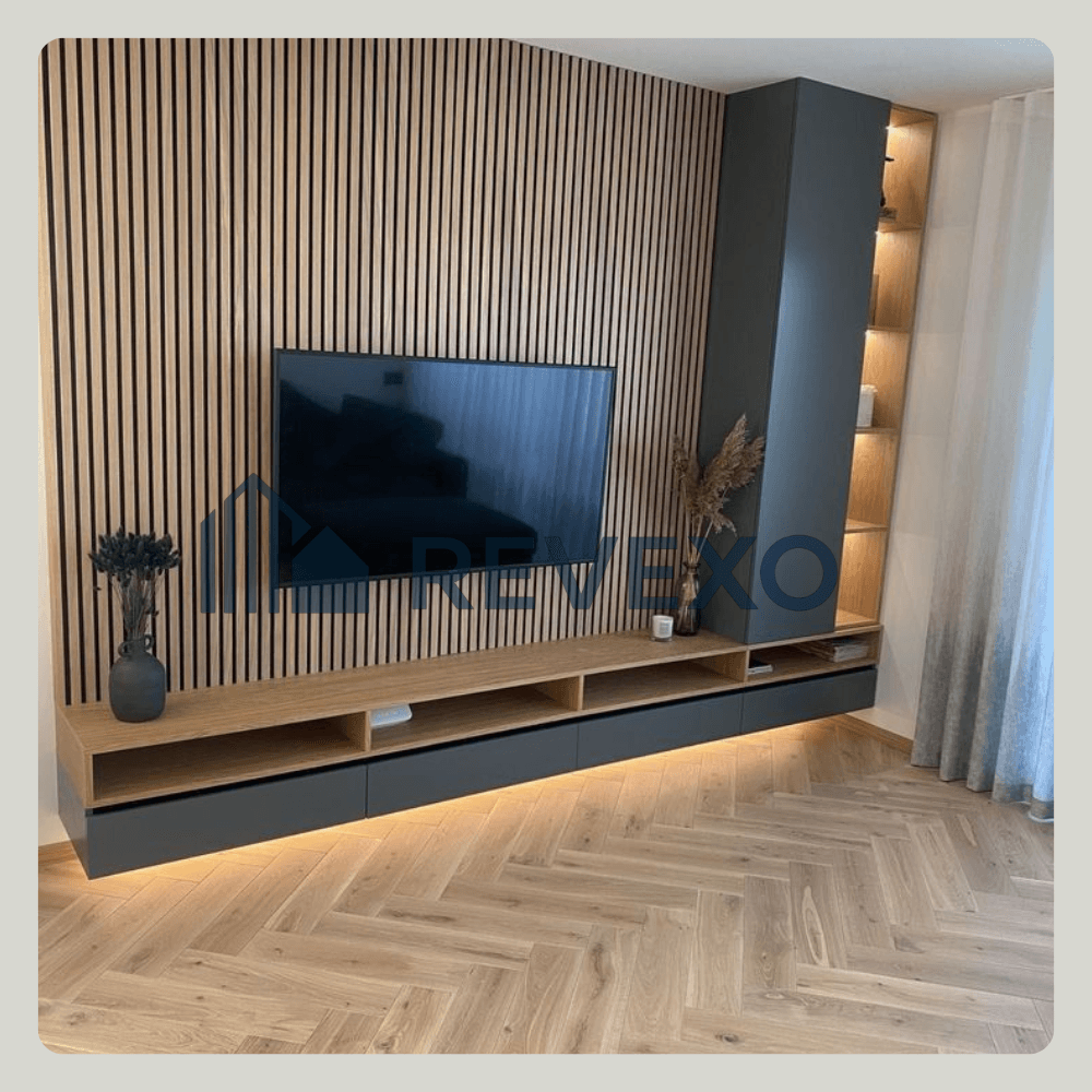 Réalisation Revexo, habillage mural bois